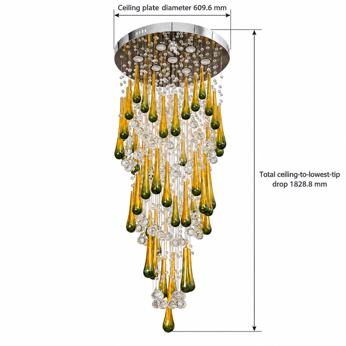 Golden Teardrop Cascade Chandelier — dimension guide