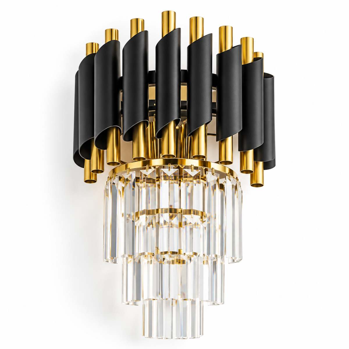 Black and Gold Tube Cascade Wall Light with a black and gold-tone tube crown above three descending tiers of clear faceted rods, shown switched off against a white background