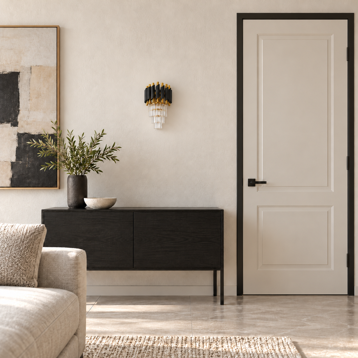 Black and Gold Tube Cascade Wall Light switched off above a black sideboard beside a cream door with dark trim in a daylight interior