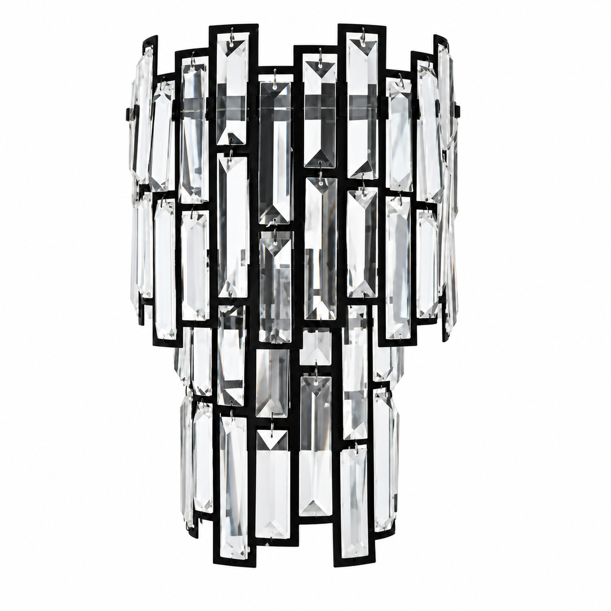 Black cascade wall light with clear bevelled rectangular accents, shown unlit on a white background.