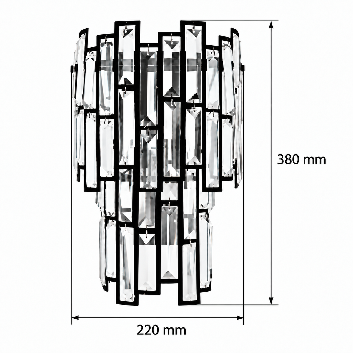 Black cascade wall light dimension diagram showing 220 mm overall width and 380 mm overall height.