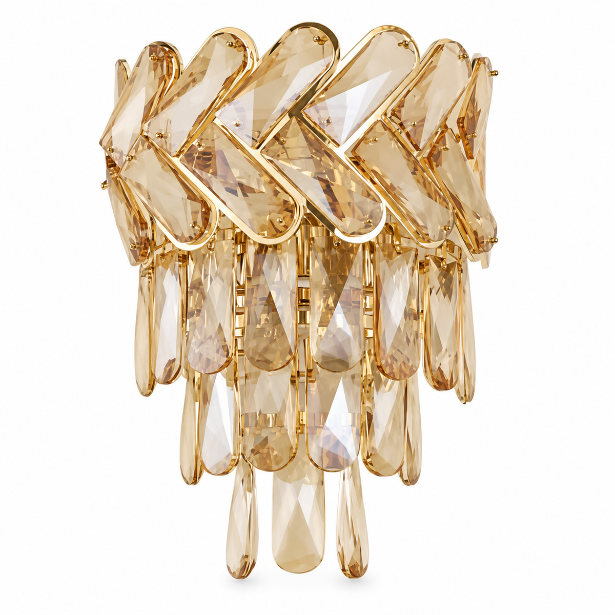 Gold wall light with a chevron crown and tiered faceted drops, shown unlit on a white background.