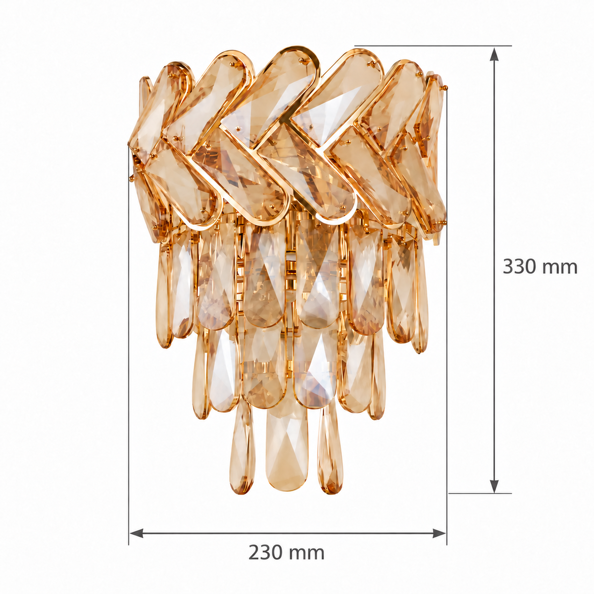 Gold chevron cascade wall light dimension diagram showing 230 mm overall width and 330 mm overall height.