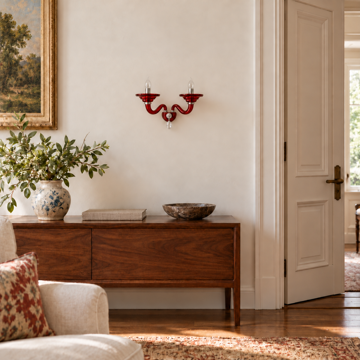 Ruby Red Twin Arm Glass Wall Light, switched off in a daylight interior setting.