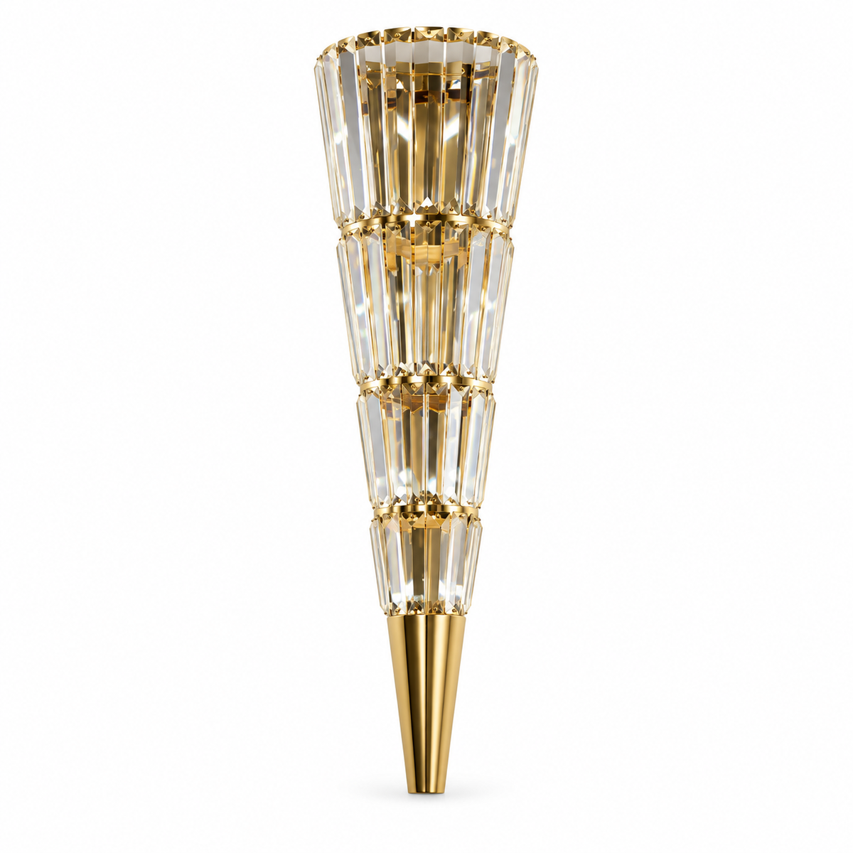 Four Tier Tapered Wall Light with four tapered tiers of clear faceted pieces with gold-tone bands and a pointed lower base, shown switched off against a white background