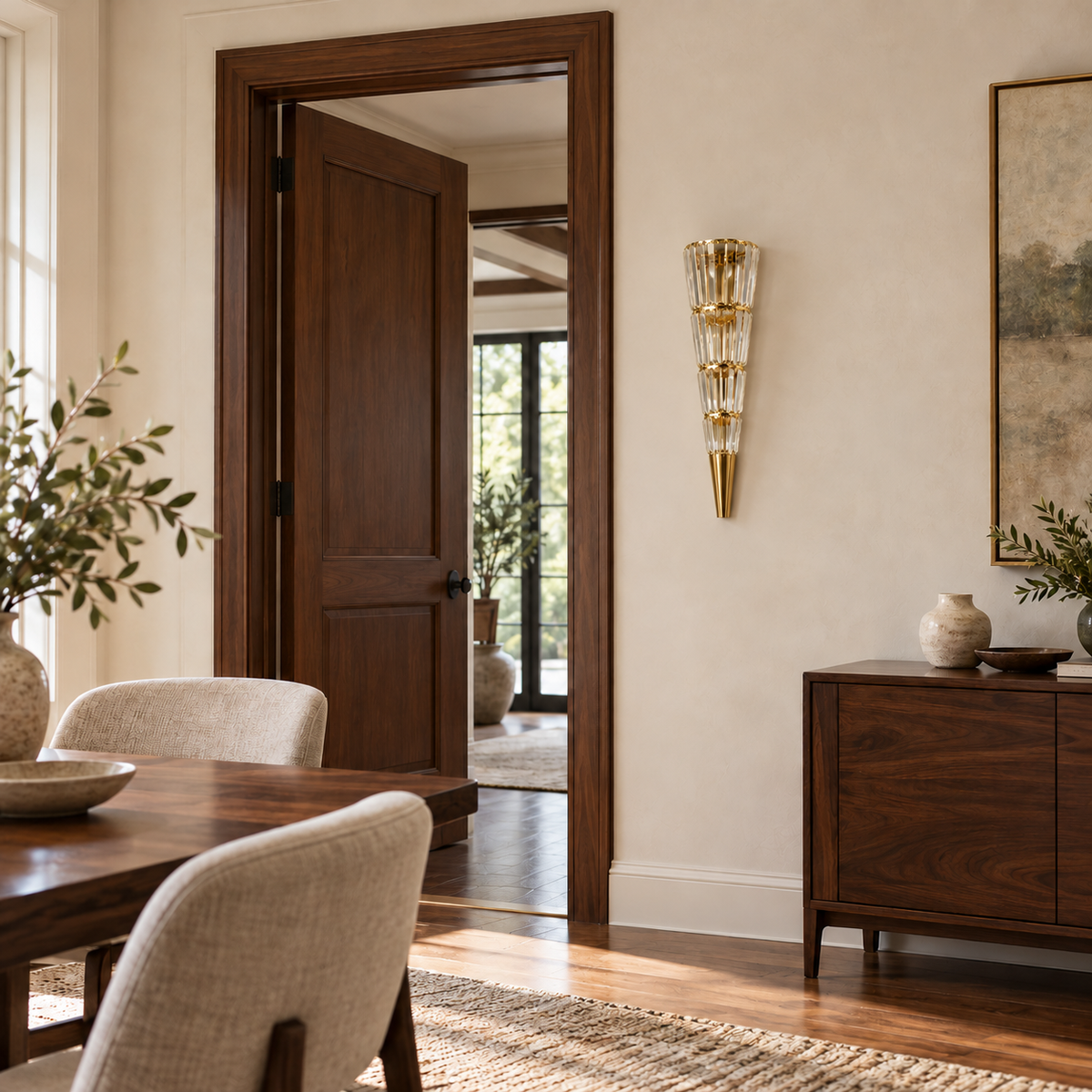 Four Tier Tapered Wall Light switched off beside a wood-trimmed doorway in a daylight dining room