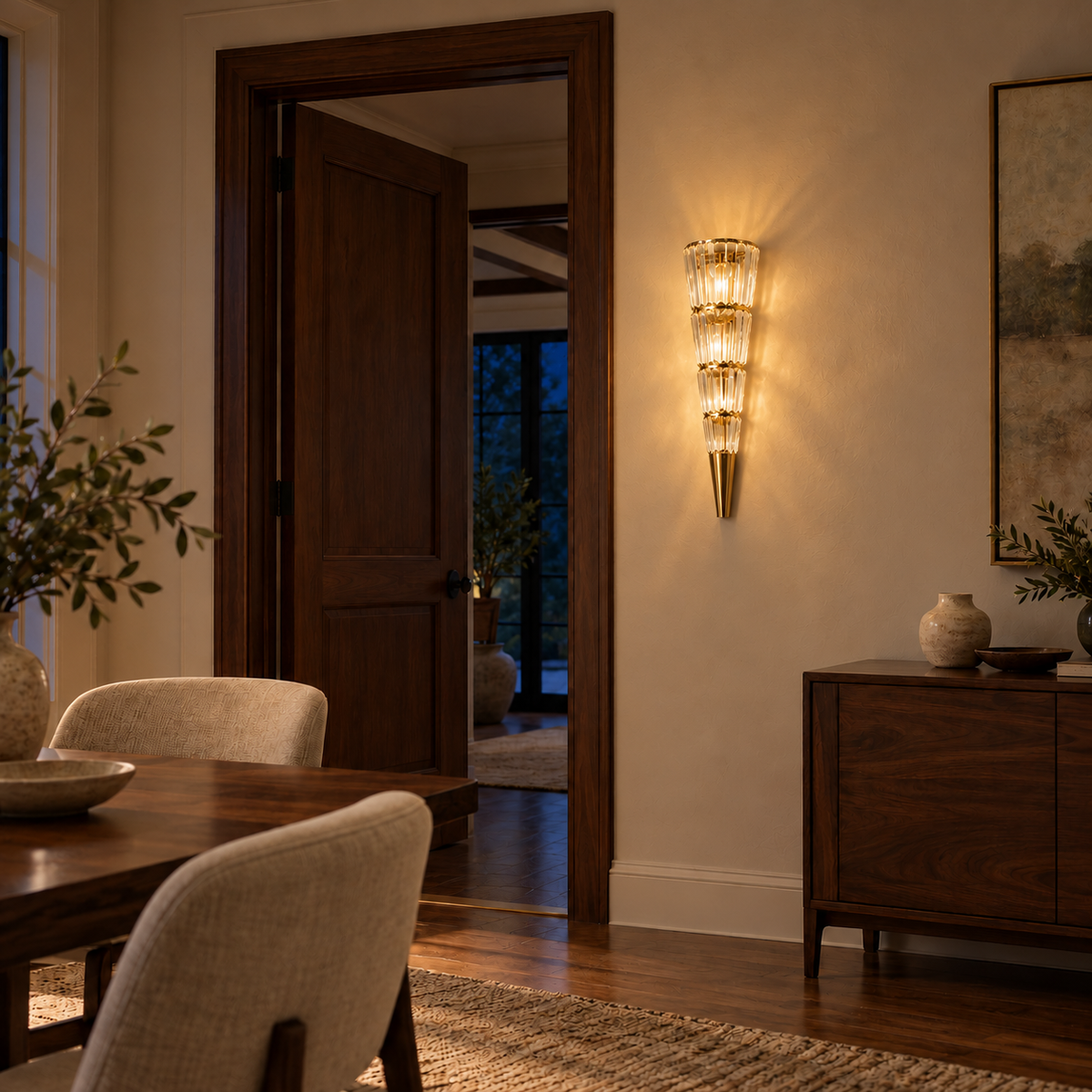 Four Tier Tapered Wall Light illuminated beside a wood-trimmed doorway in the same dining room at night