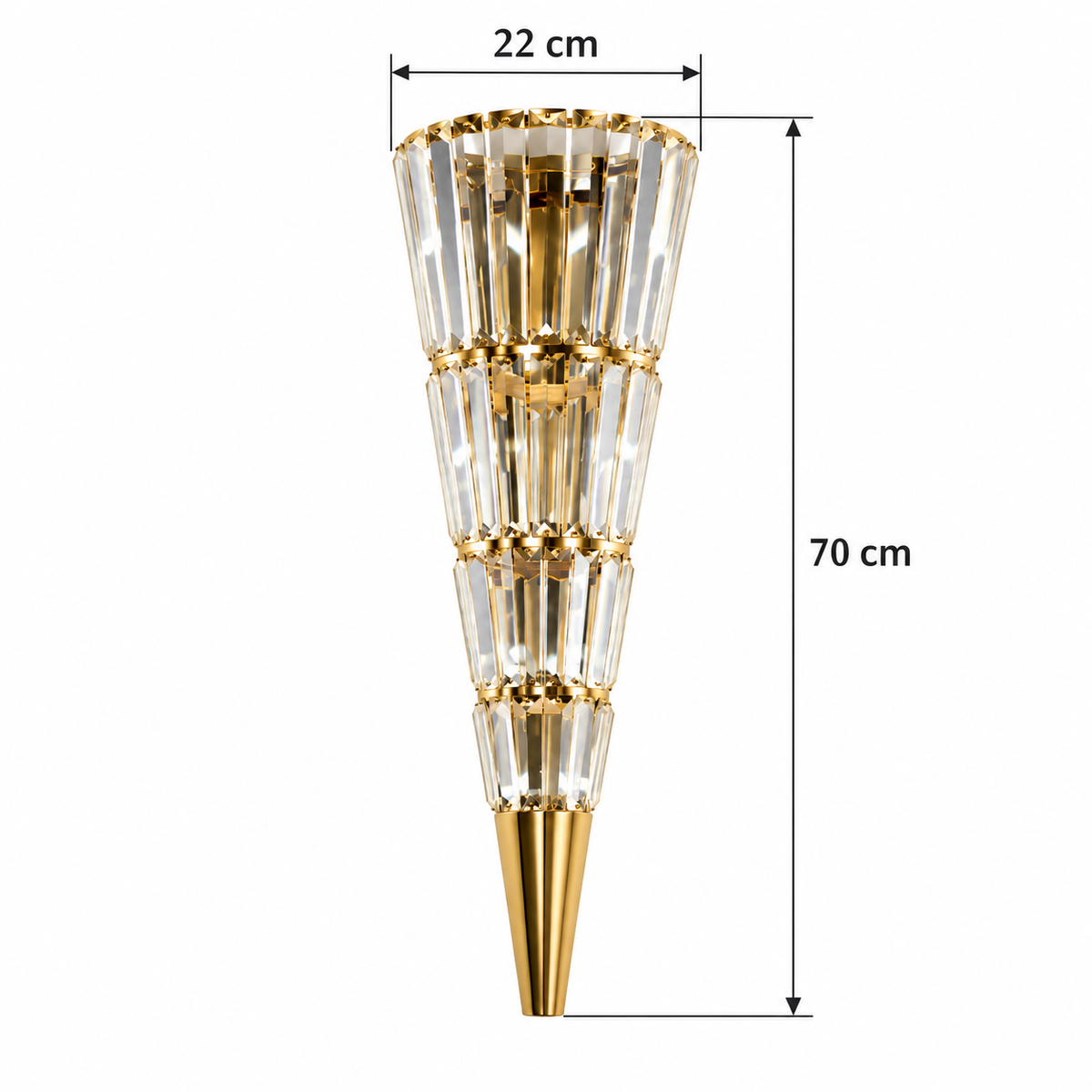 Four Tier Tapered Wall Light dimension guide showing 22 cm width across the widest top rim and 70 cm overall height to the pointed base