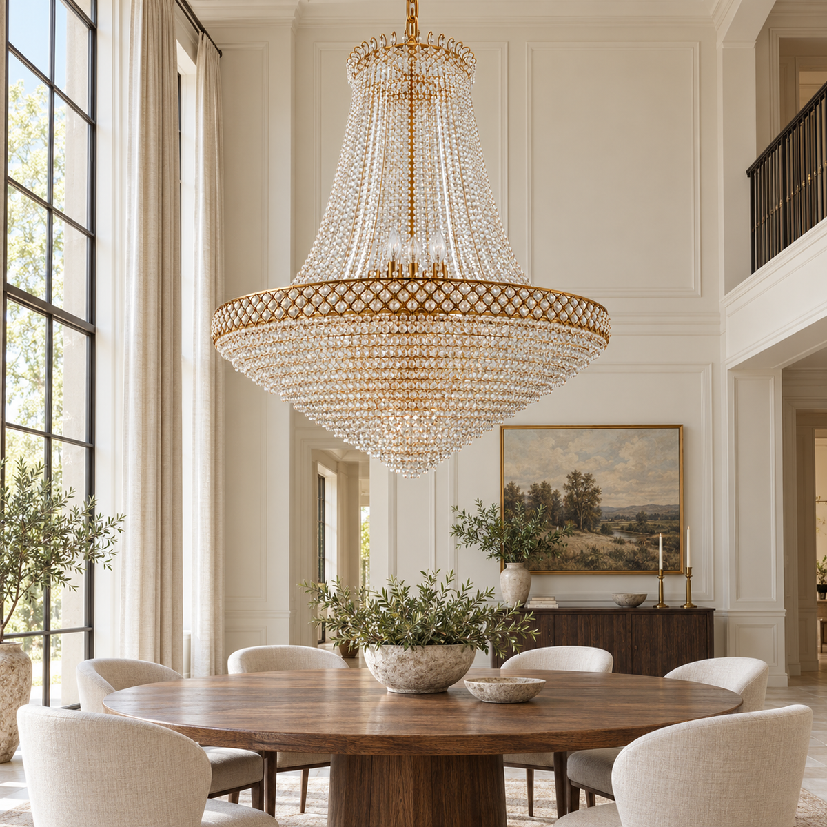 Gold-Tone Layered Beaded Basket Chandelier, 1200 mm shown unlit in a daytime interior