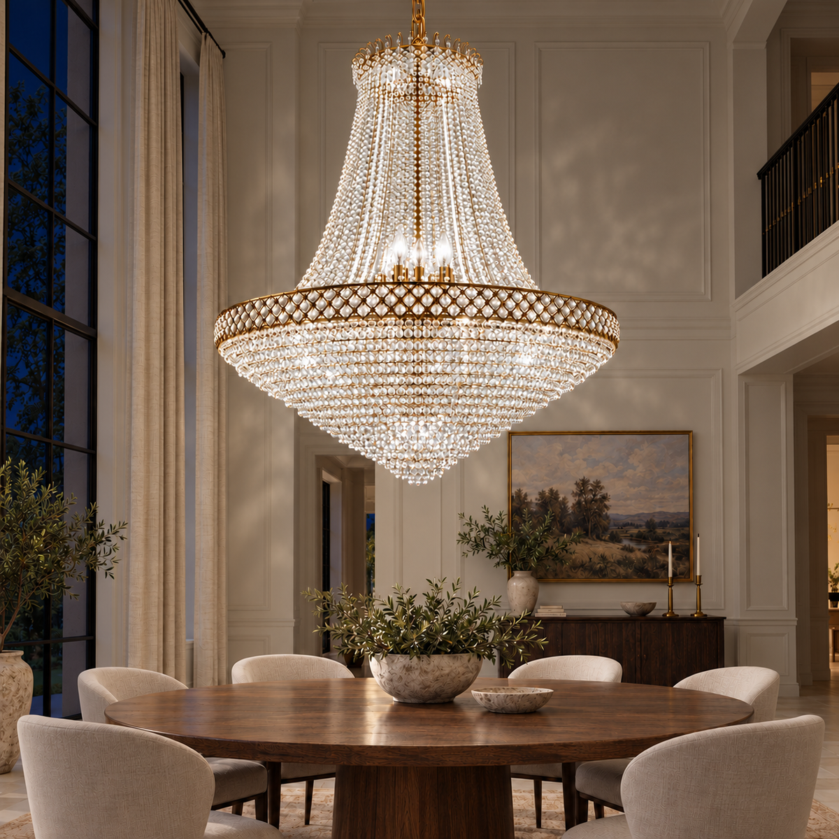 Gold-Tone Layered Beaded Basket Chandelier, 1200 mm shown illuminated in an evening interior