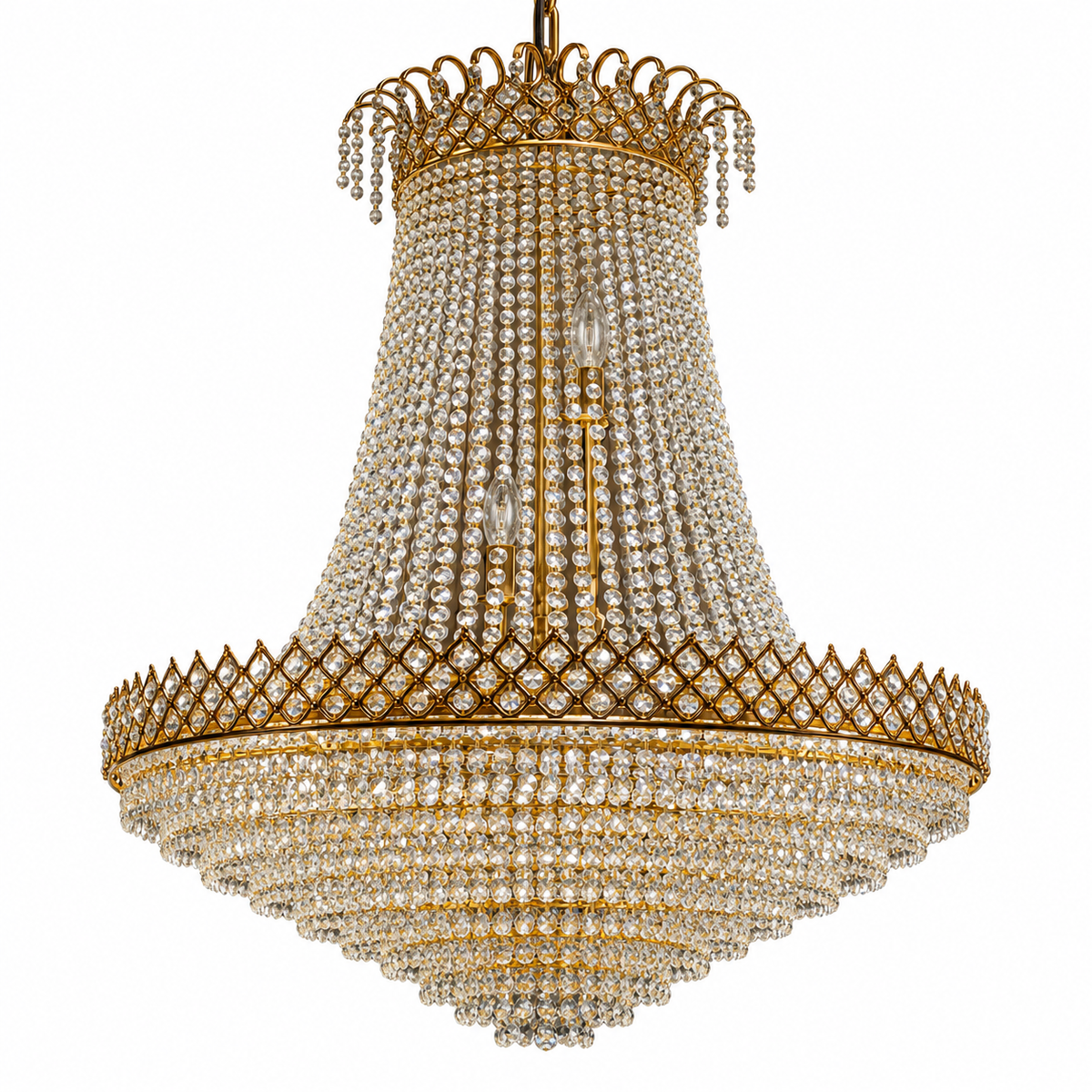 Gold-Tone Beaded Basket Chandelier shown unlit against a studio background