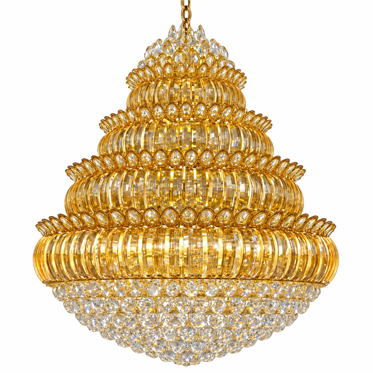 Studio view of DL87093--32''X36'‘, amber tiered crystal-bowl chandelier.