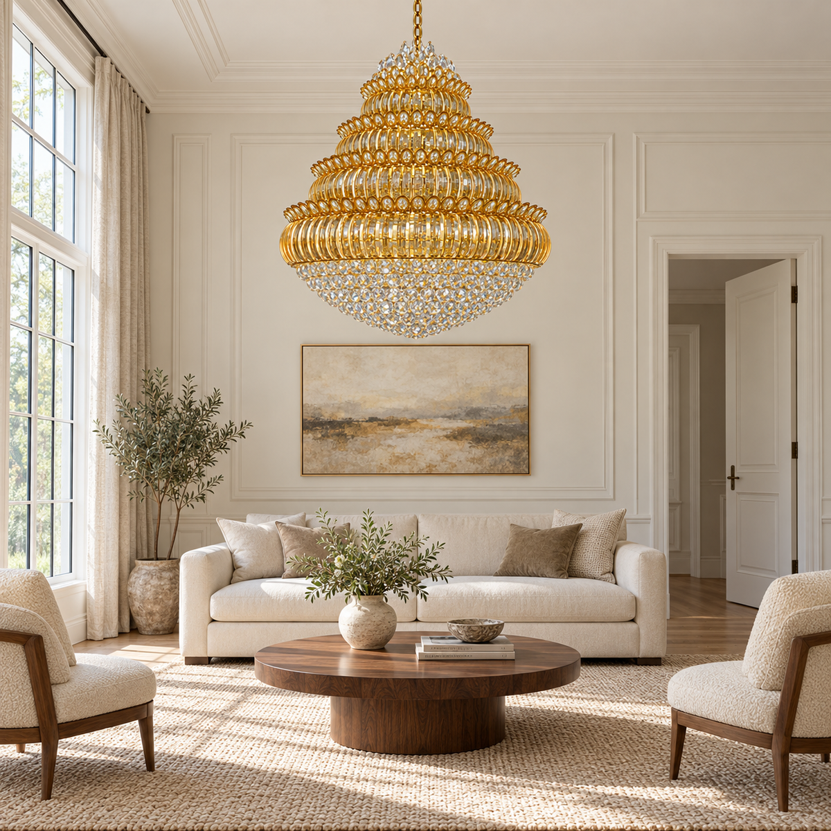 DL87093--32''X36'‘ amber tiered crystal-bowl chandelier in a daylight interior.