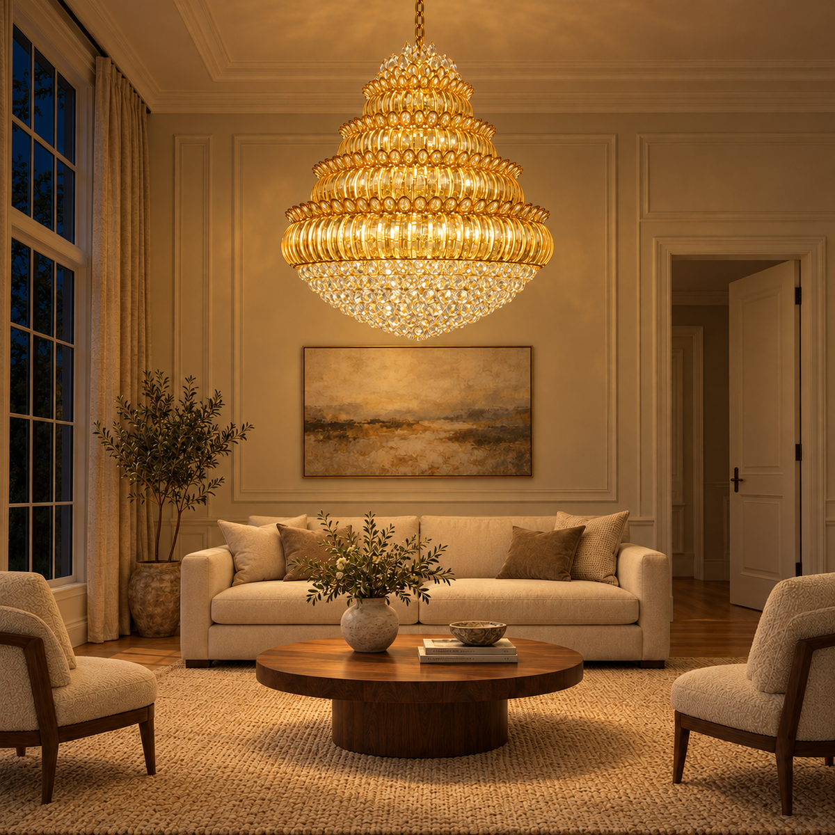 DL87093--32''X36'‘ amber tiered crystal-bowl chandelier illuminated in a night interior.