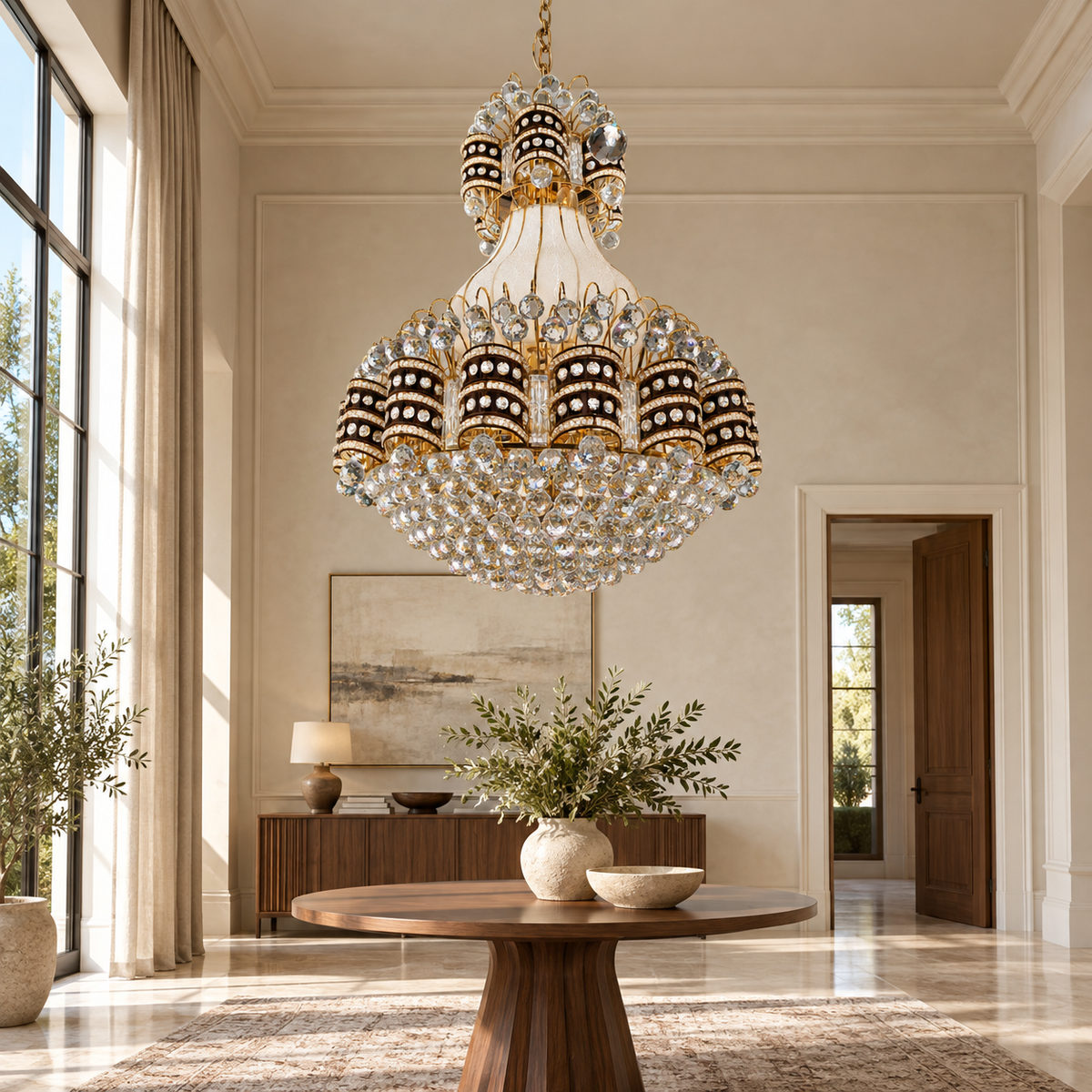DL88123--32''X40'‘ crystal-basket bell chandelier in a daylight interior.
