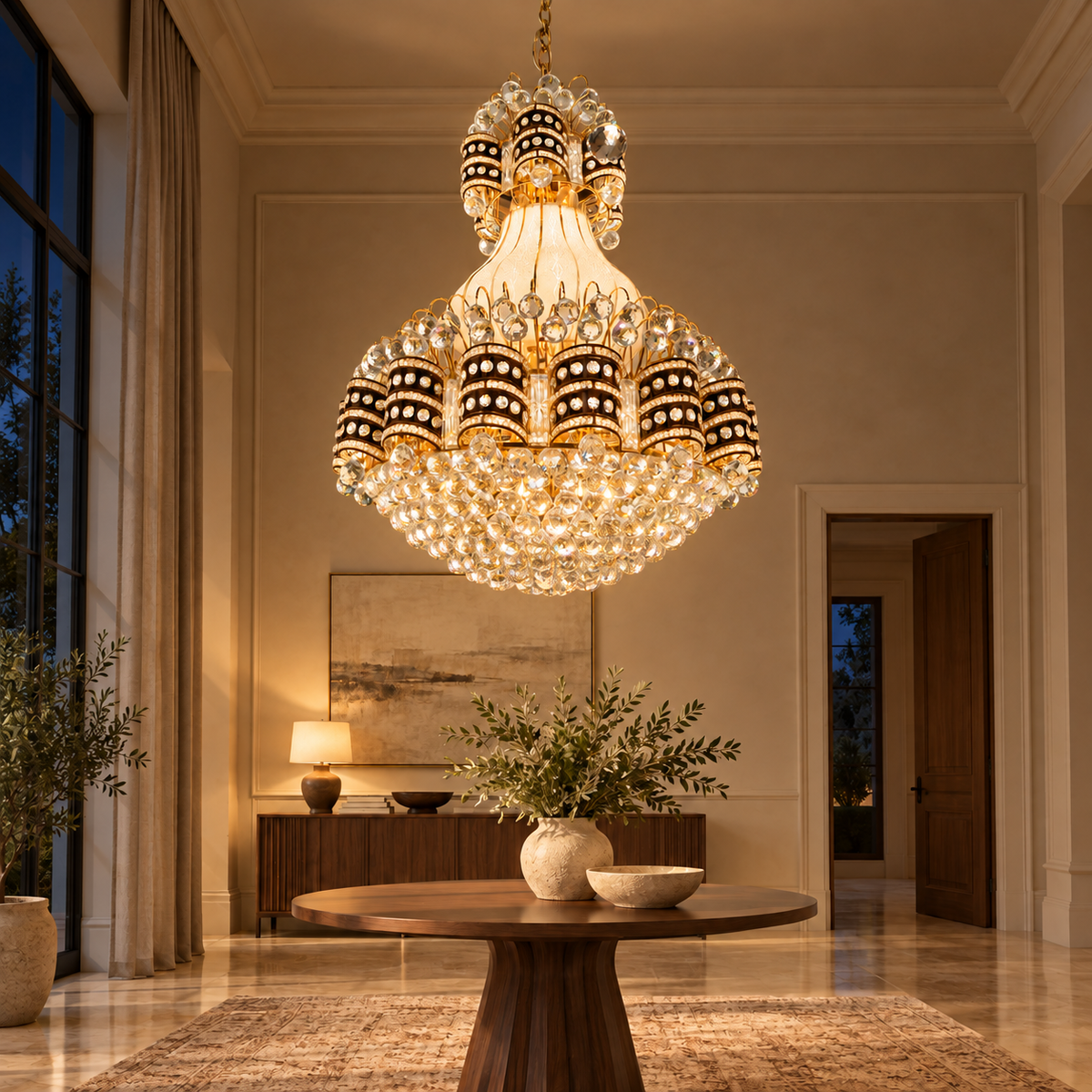 DL88123--32''X40'‘ crystal-basket bell chandelier illuminated in a night interior.