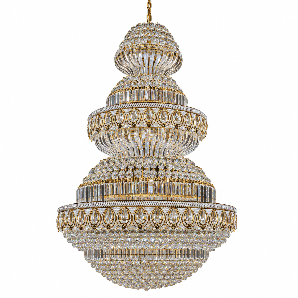 Studio view of DL88188GD--60''X110'‘, gold-tone grand crystal-ball chandelier.