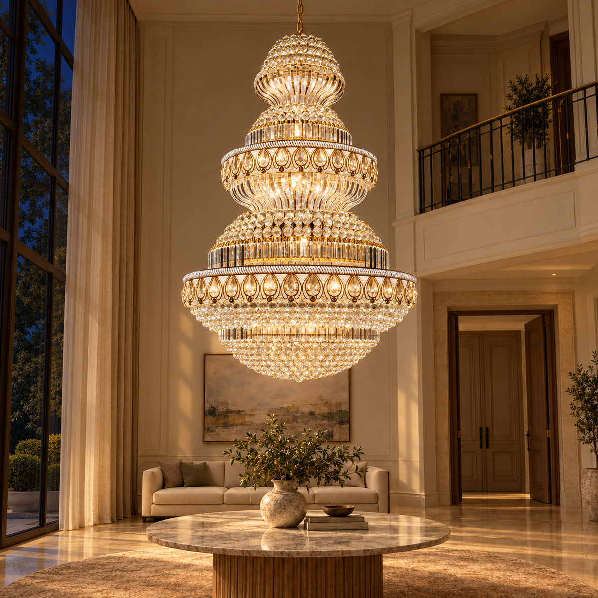 DL88188GD--60''X110'‘ gold-tone grand crystal-ball chandelier illuminated in a night interior.