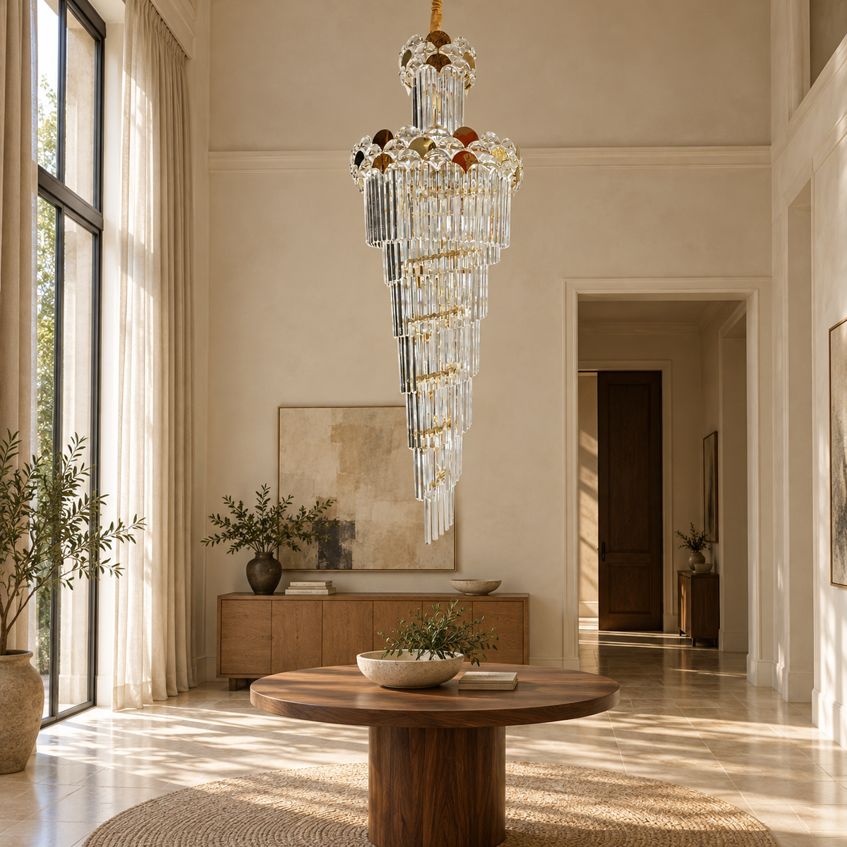 DM1268-GD--600x1800 gold-tone floral prism cascade chandelier in a daylight interior.