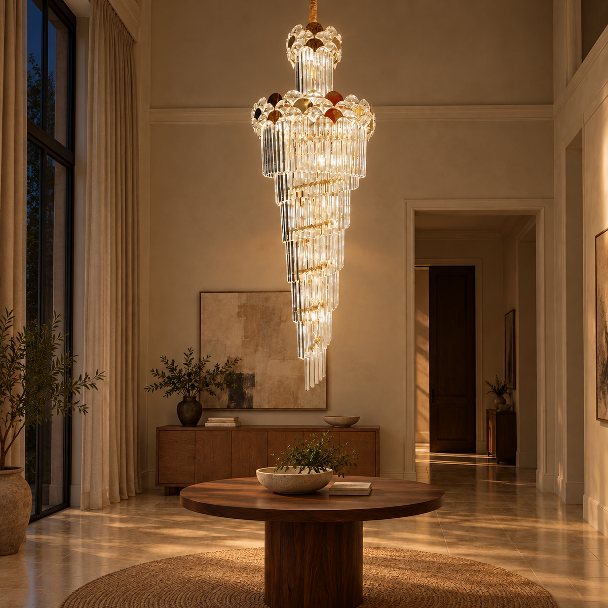 DM1268-GD--600x1800 gold-tone floral prism cascade chandelier illuminated in a night interior.