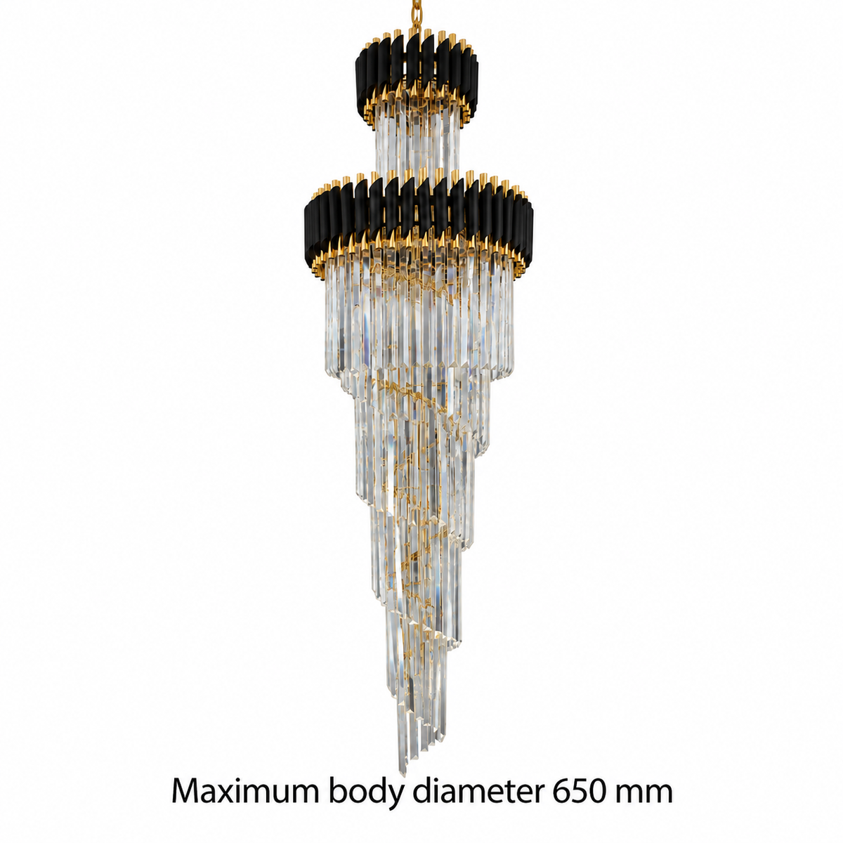 Black and Gold-Tone Tiered Prism Chandelier showing a maximum body diameter of 650 mm
