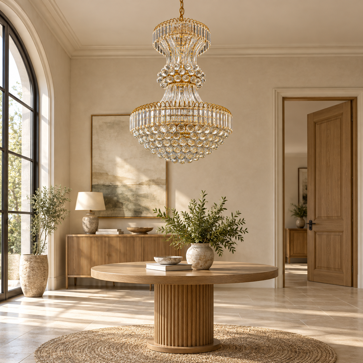 DM85523 Gold-Tone Faceted Basket Chandelier shown unlit in a daylight interior.