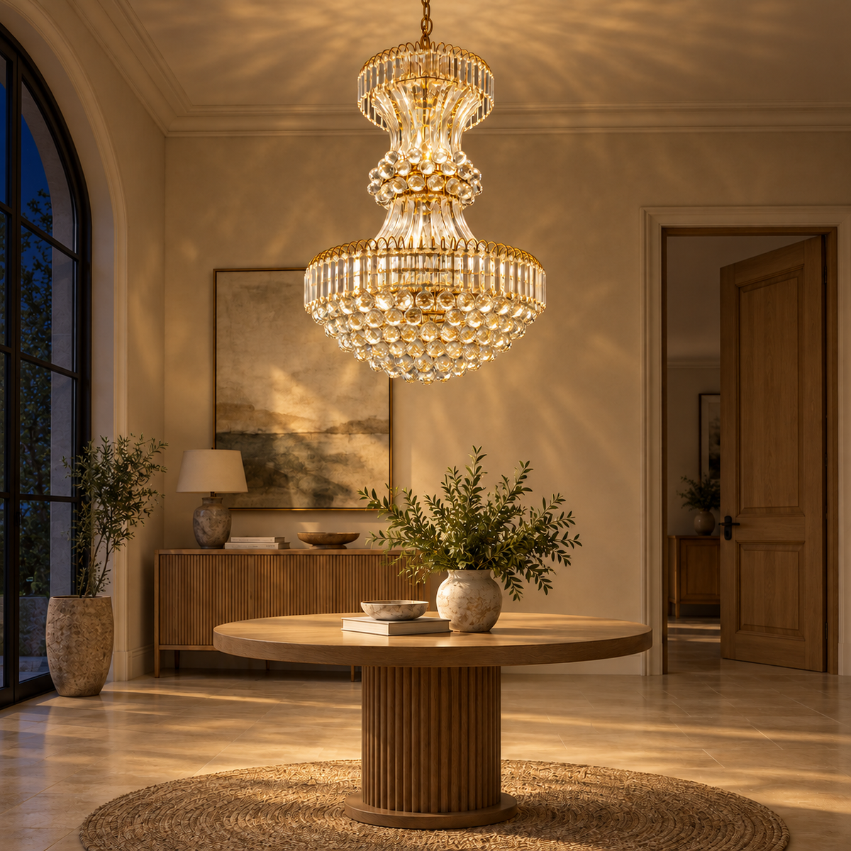 DM85523 Gold-Tone Faceted Basket Chandelier illuminated in the matching evening interior.