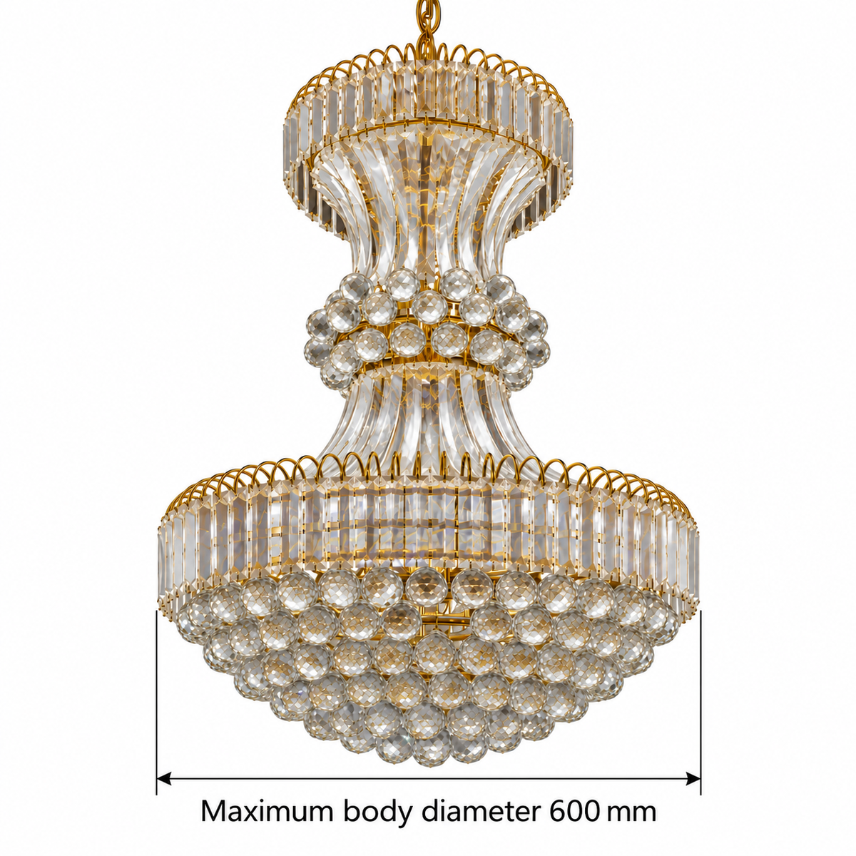 DM85523 Gold-Tone Faceted Basket Chandelier dimension view. Maximum body diameter: 600 mm.