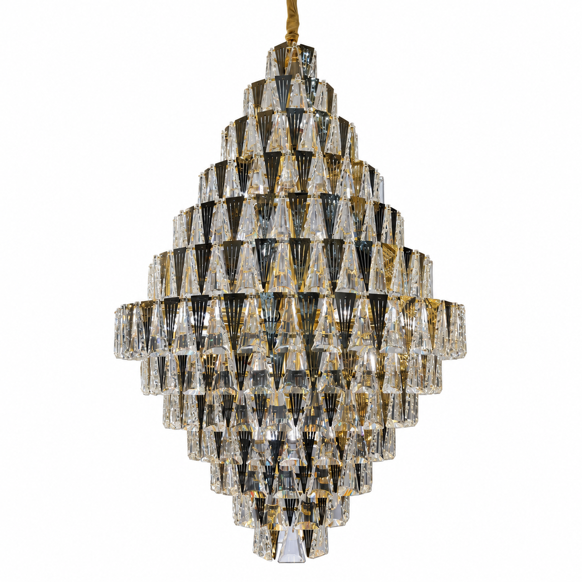 DM8607 Gold and Clear Crystal Chandelier shown unlit against a studio background.