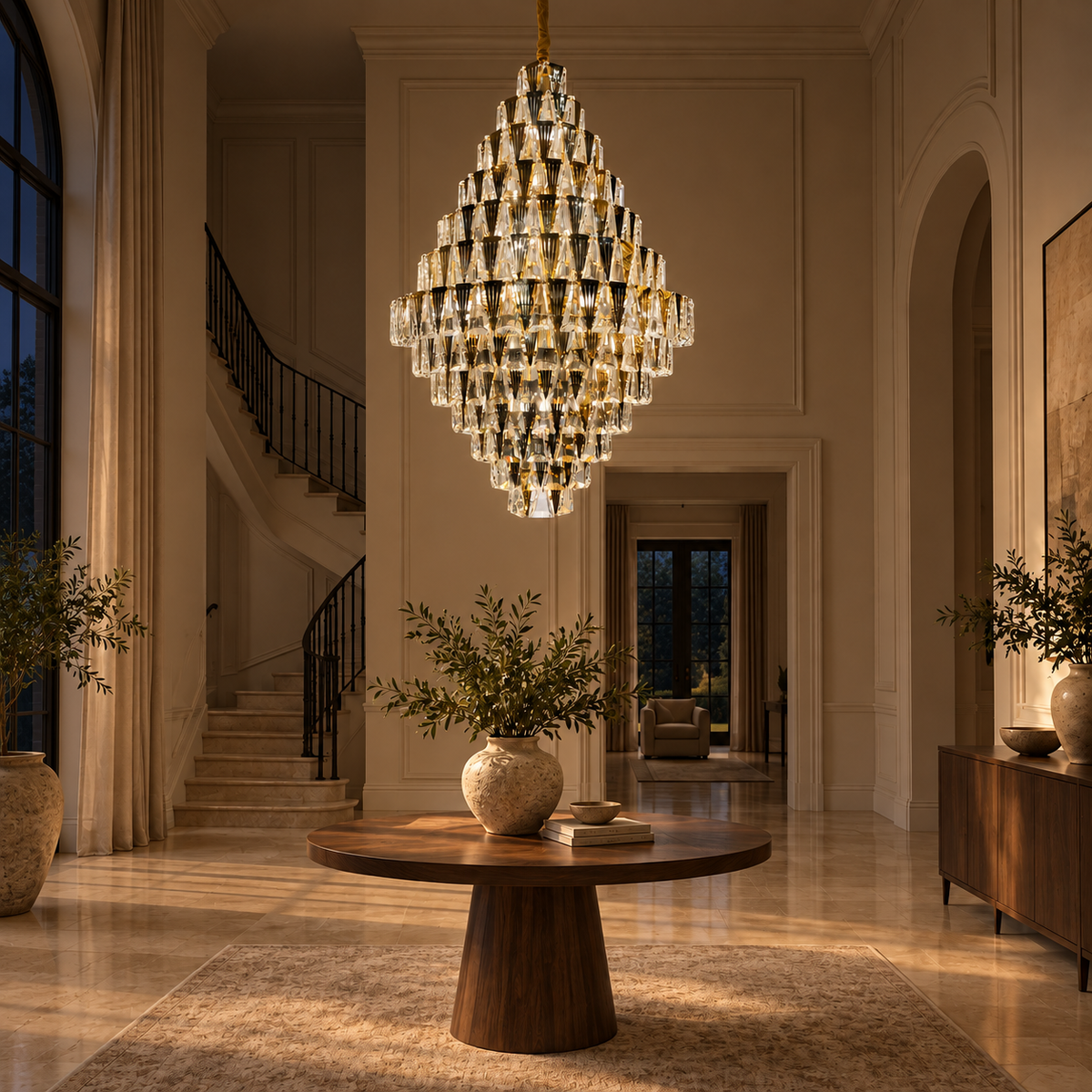 DM8607 Gold and Clear Crystal Chandelier illuminated in the matching evening interior.