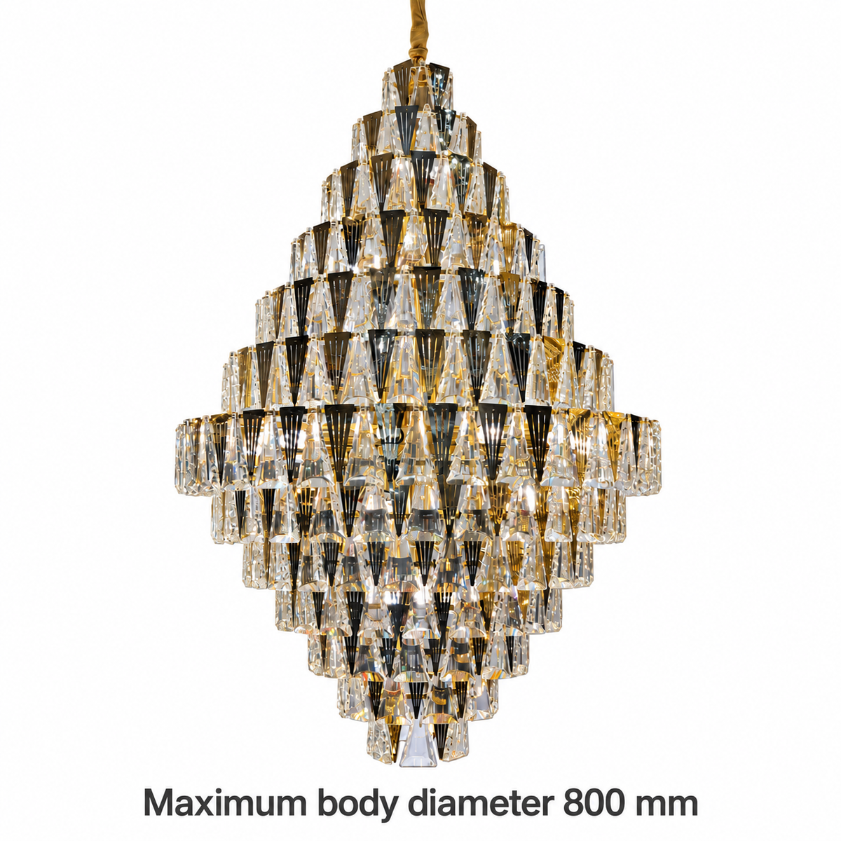 DM8607 Gold and Clear Crystal Chandelier dimension view. Maximum body diameter: 800 mm.