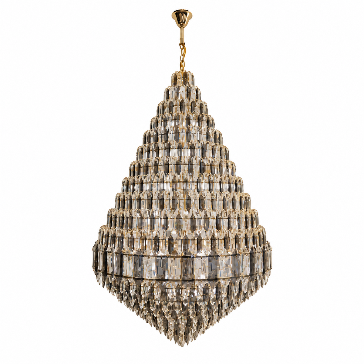 DM8688 Gold, Smoke and Clear Crystal Chandelier shown unlit against a studio background.