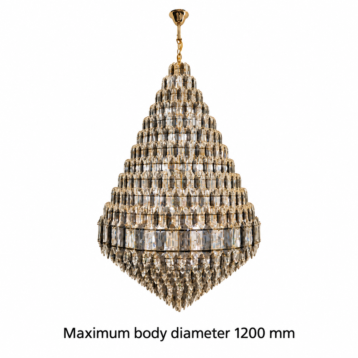 DM8688 Gold, Smoke and Clear Crystal Chandelier dimension view. Maximum body diameter: 1200 mm.