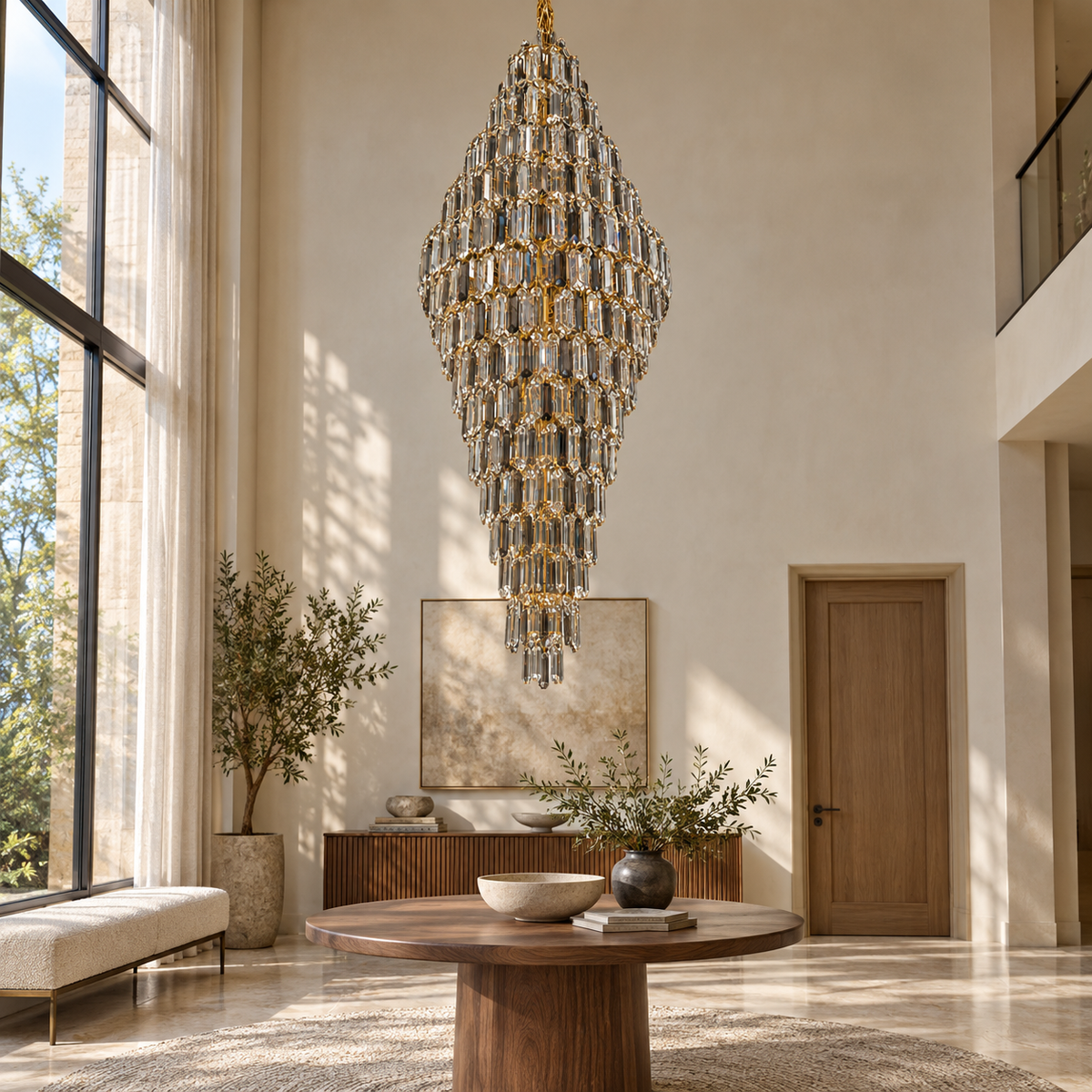 DM901-GD--800xH2500 smoke and clear crystal cascade chandelier in a daylight interior.