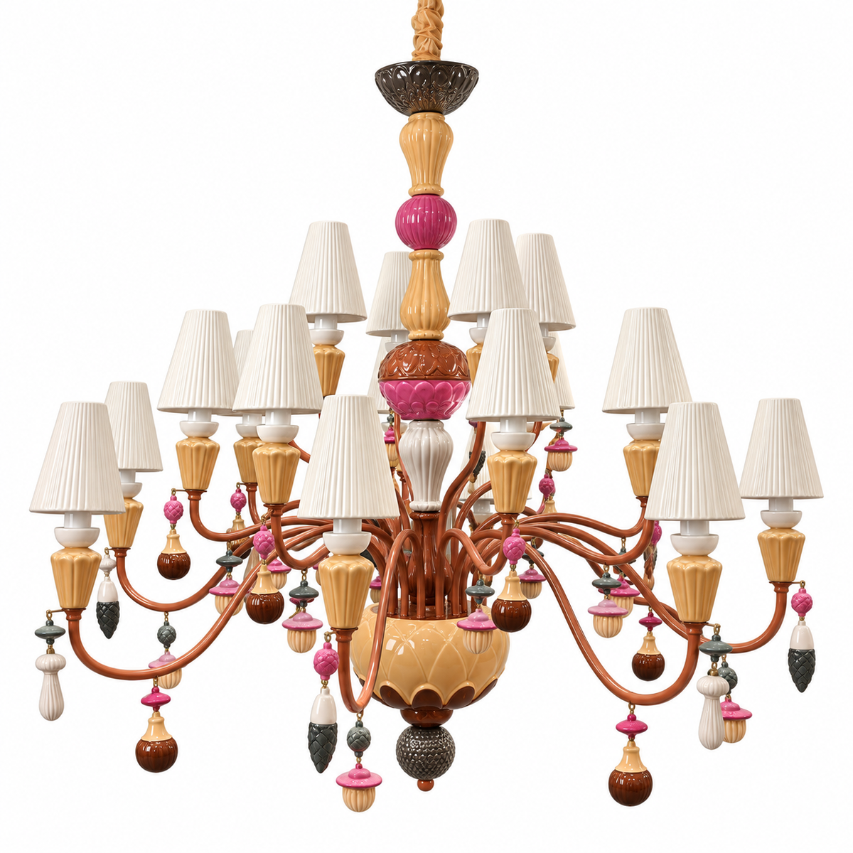 Studio view of DP68021—8+8+4, brown ceramic-shade chandelier.