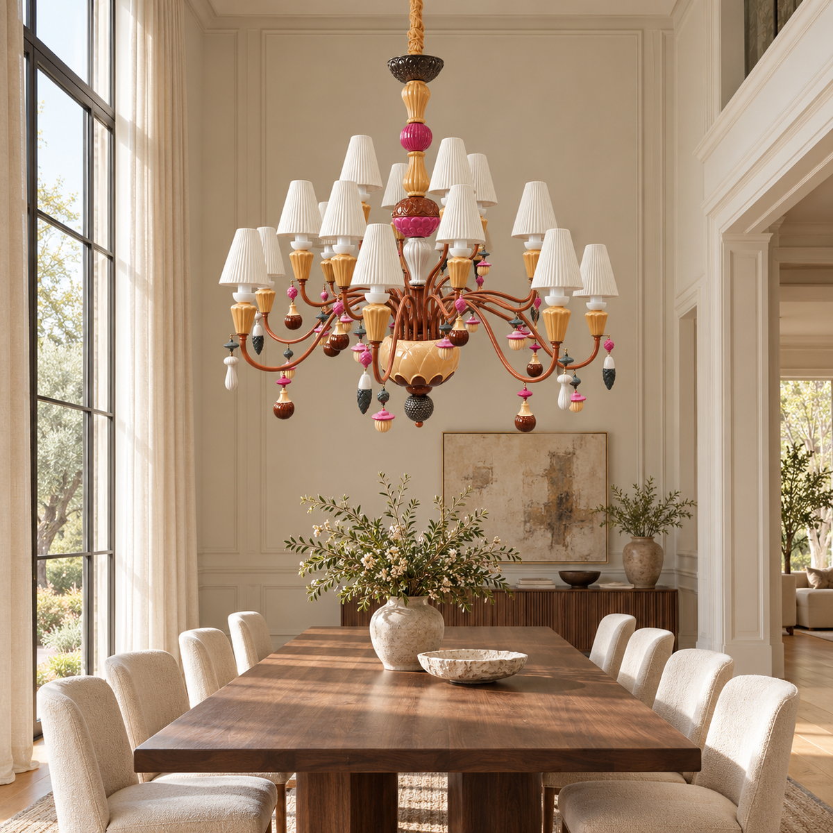 DP68021—8+8+4 brown ceramic-shade chandelier in a daylight interior.