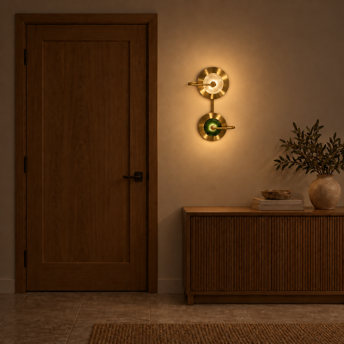 Clear and Green Twin Disc Wall Light, illuminated in a nighttime interior setting.
