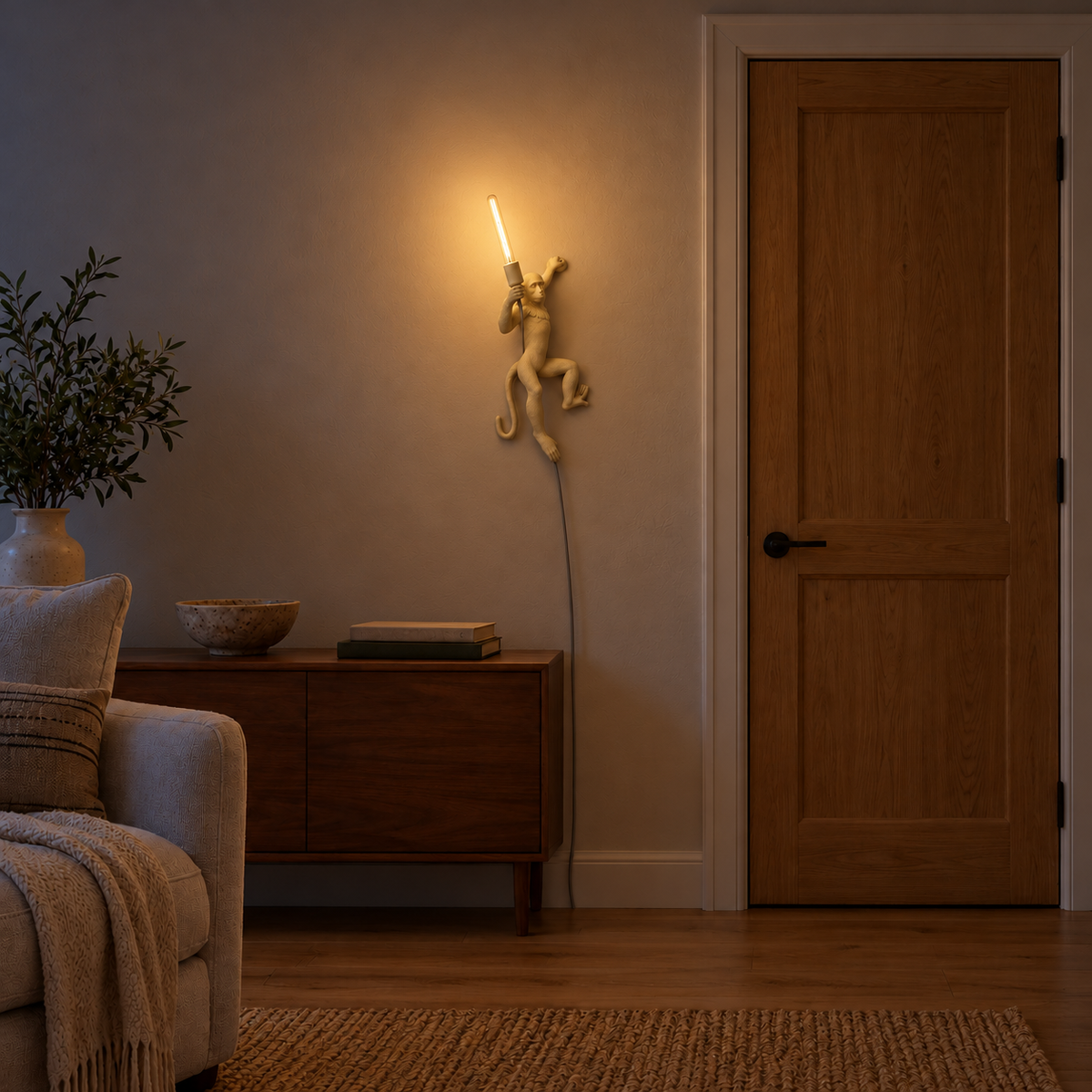 Climbing monkey sculptural wall light, illuminated in a nighttime interior setting.