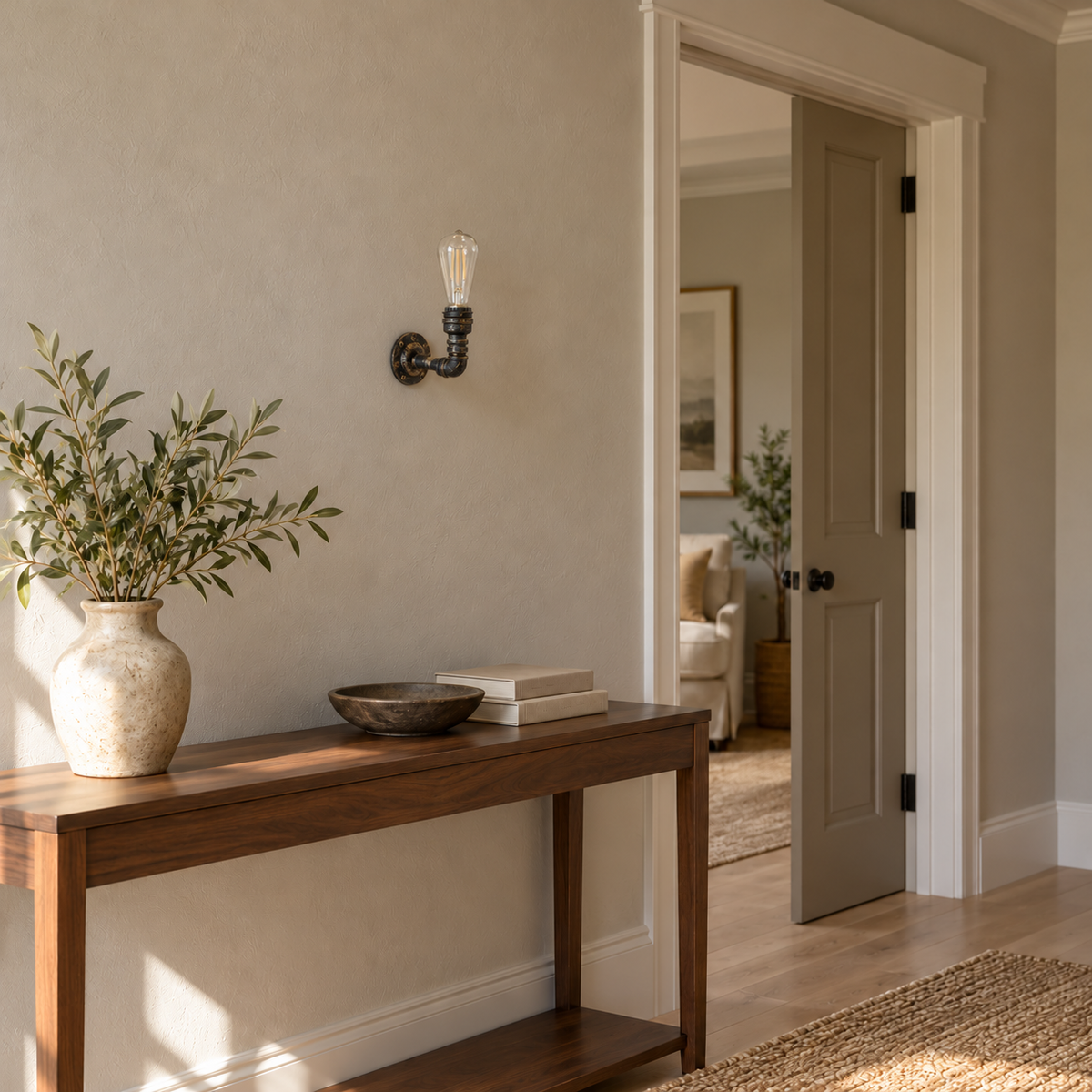 Antique pipe elbow wall light, switched off in a daylight interior setting.