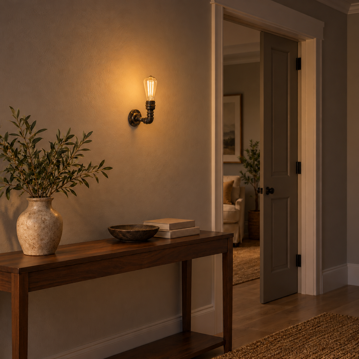 Antique pipe elbow wall light, illuminated in a nighttime interior setting.