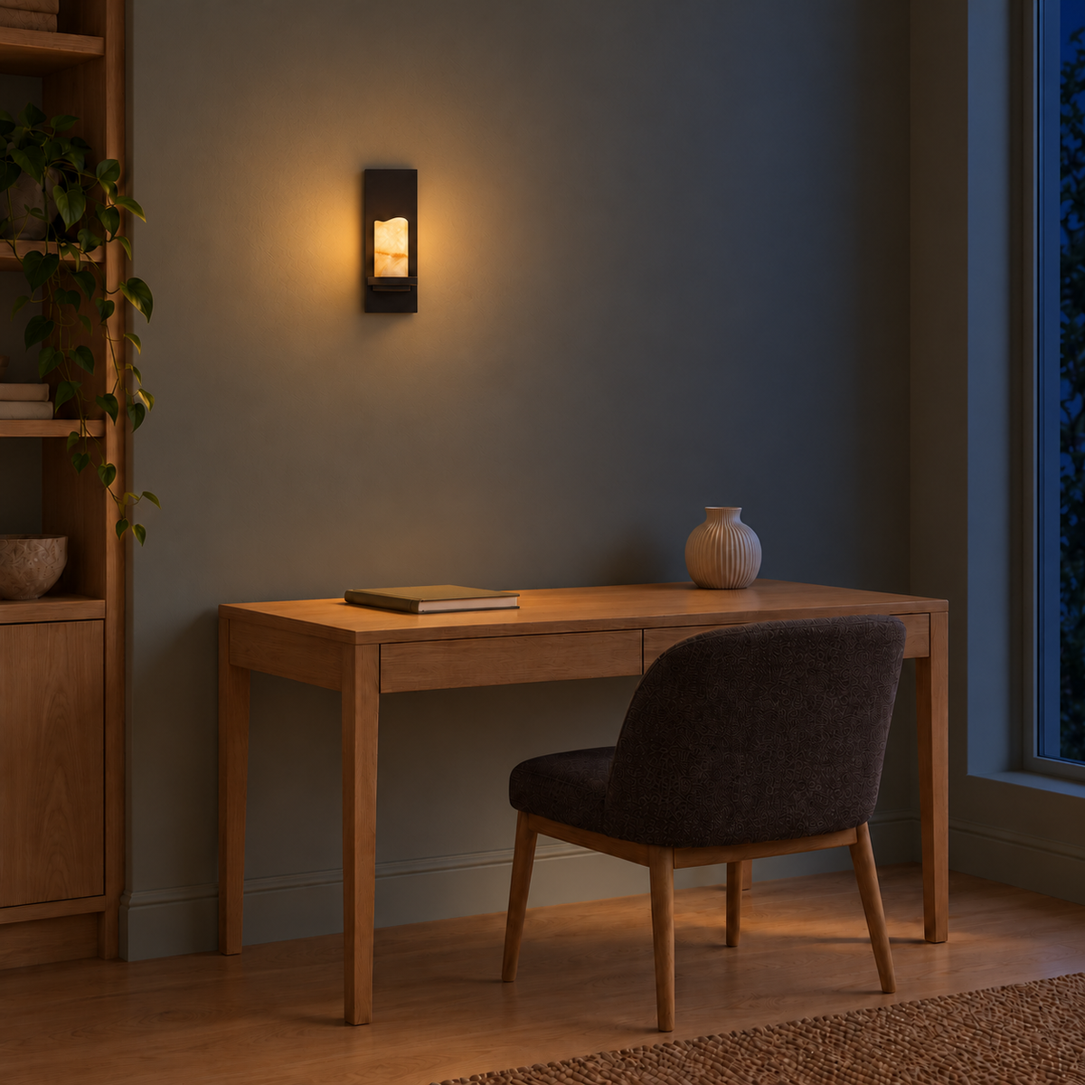 Black Plate Stone Wall Light above a light wood desk beside an upholstered chair at night, illuminated