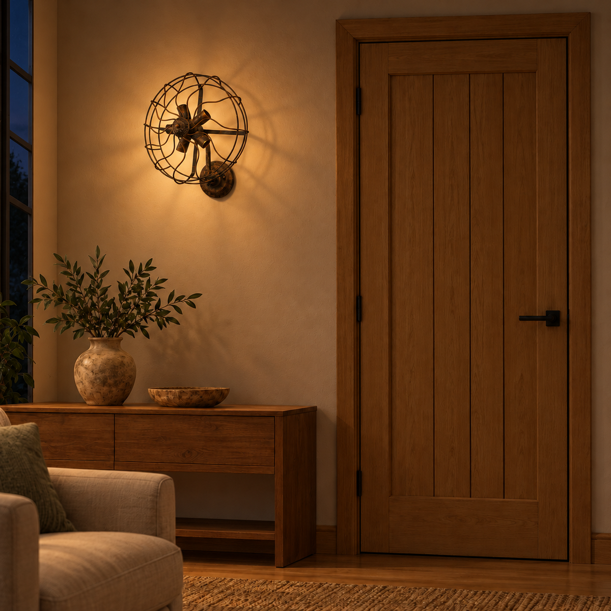 Industrial fan cage wall light, illuminated in a nighttime interior setting.