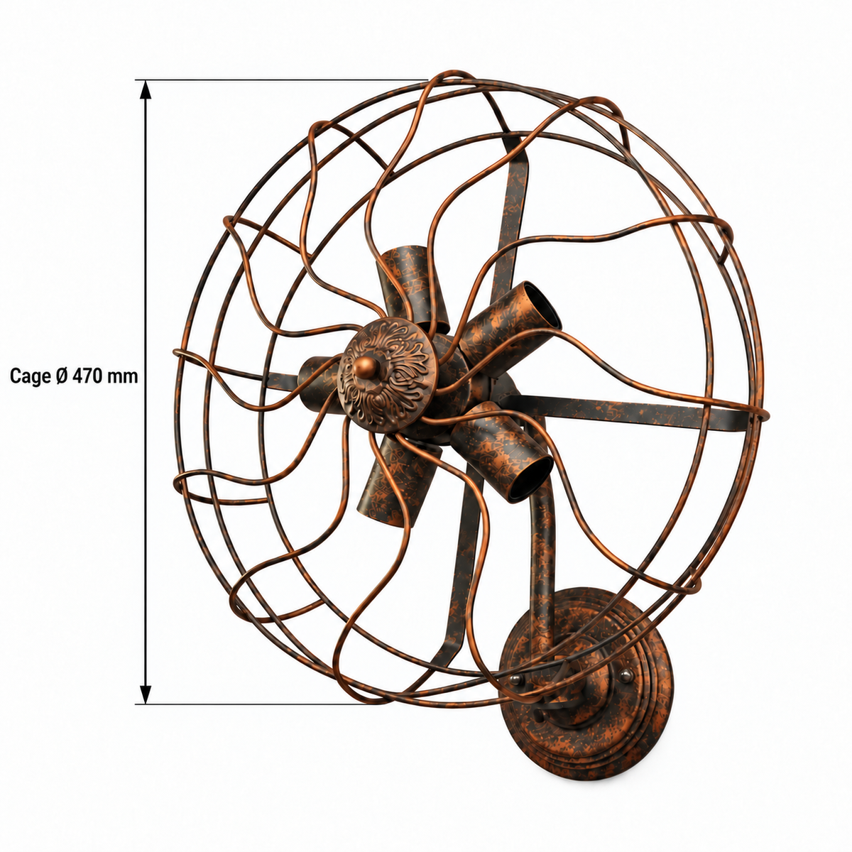Industrial fan cage wall light dimension diagram showing fan cage diameter 470 mm.
