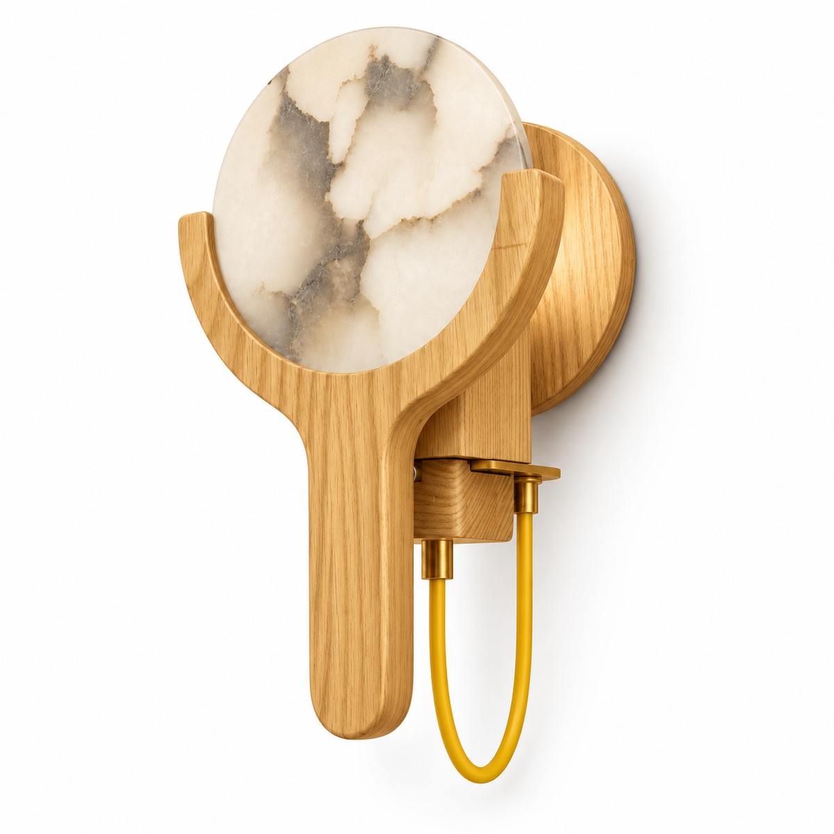 Stone Disc and Wood Cradle Wall Light with a veined round stone face, curved wood cradle and hanging loop detail, shown switched off against a white background