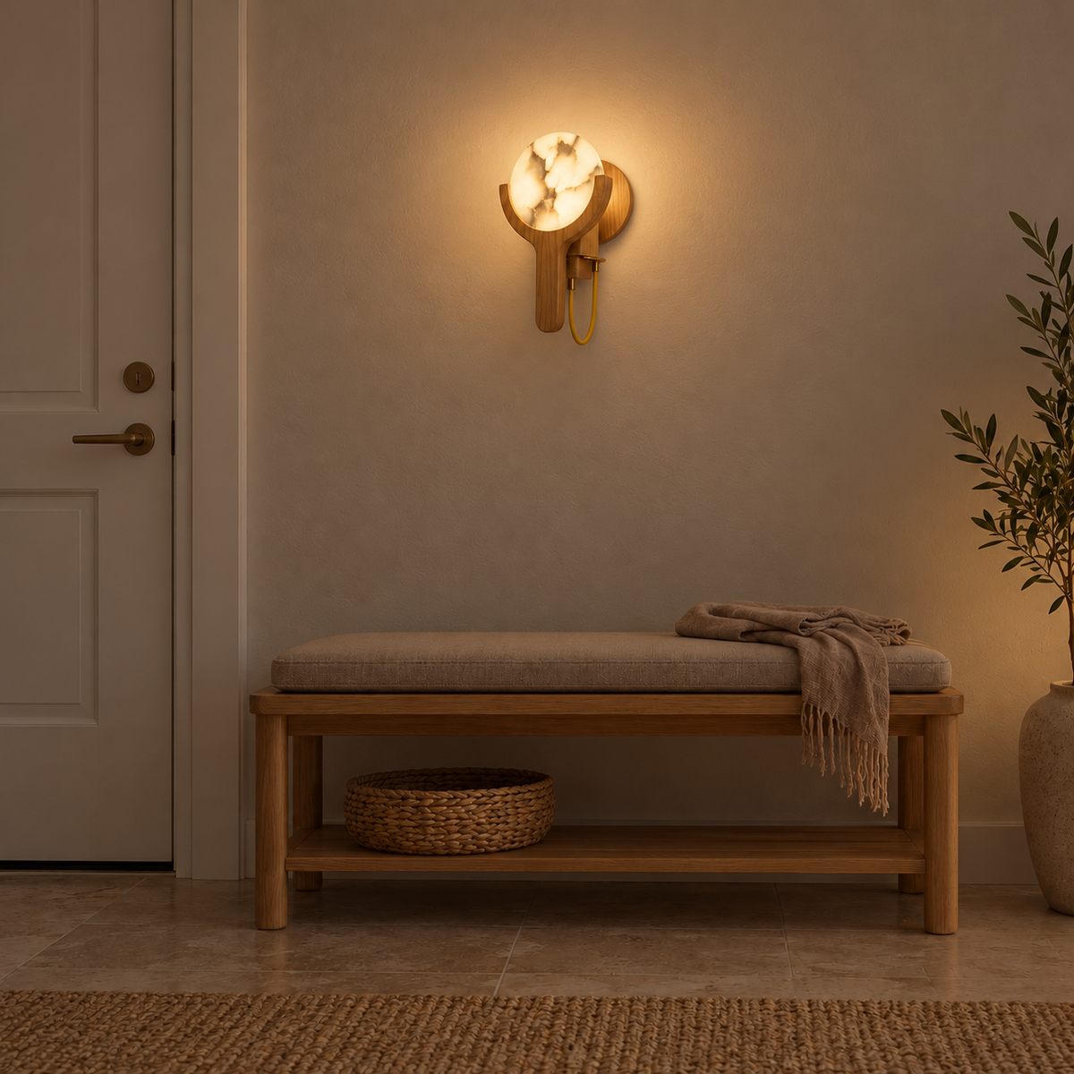 Stone Disc and Wood Cradle Wall Light illuminated in a night-time interior