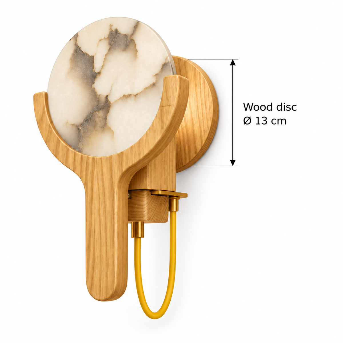 Stone Disc and Wood Cradle Wall Light dimension guide showing upper wood disc diameter 13 cm