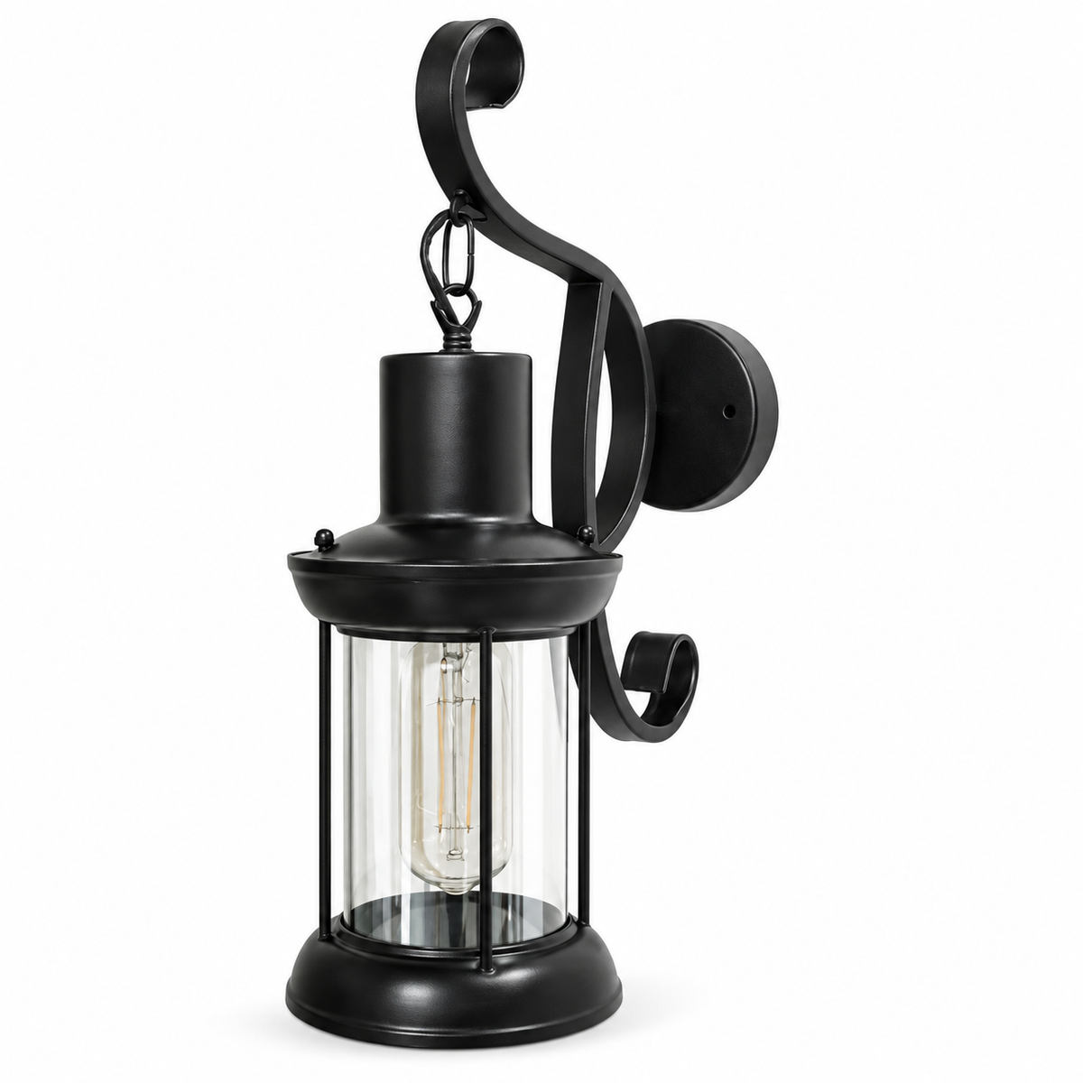 Black scroll hanging lantern wall light, switched off on a white studio background.