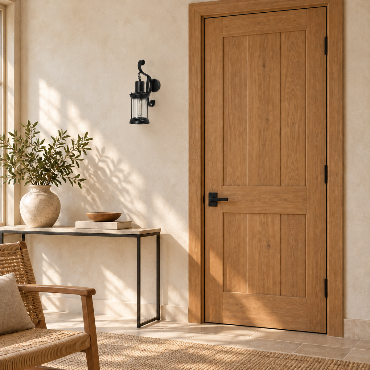 Black scroll hanging lantern wall light, switched off in a daylight interior setting.