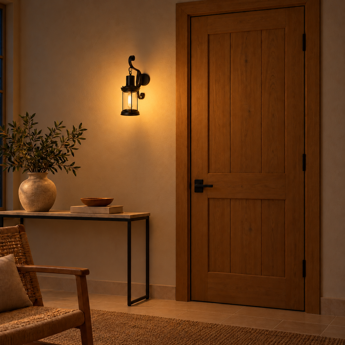 Black scroll hanging lantern wall light, illuminated in a nighttime interior setting.