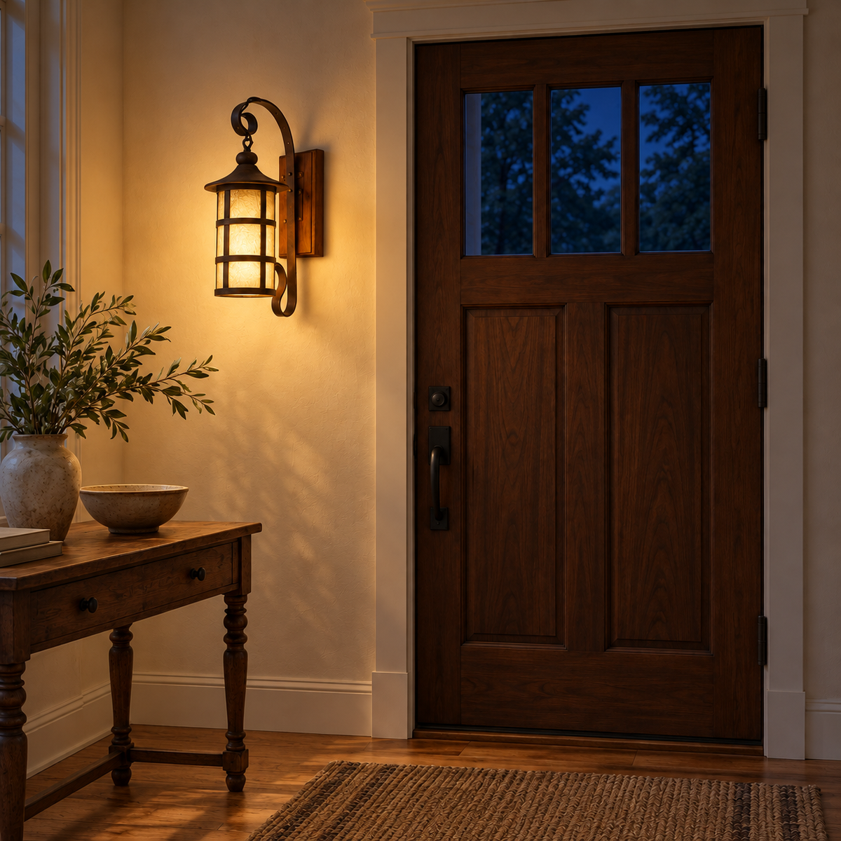 Antique grid lantern wall light, illuminated in a nighttime interior setting.